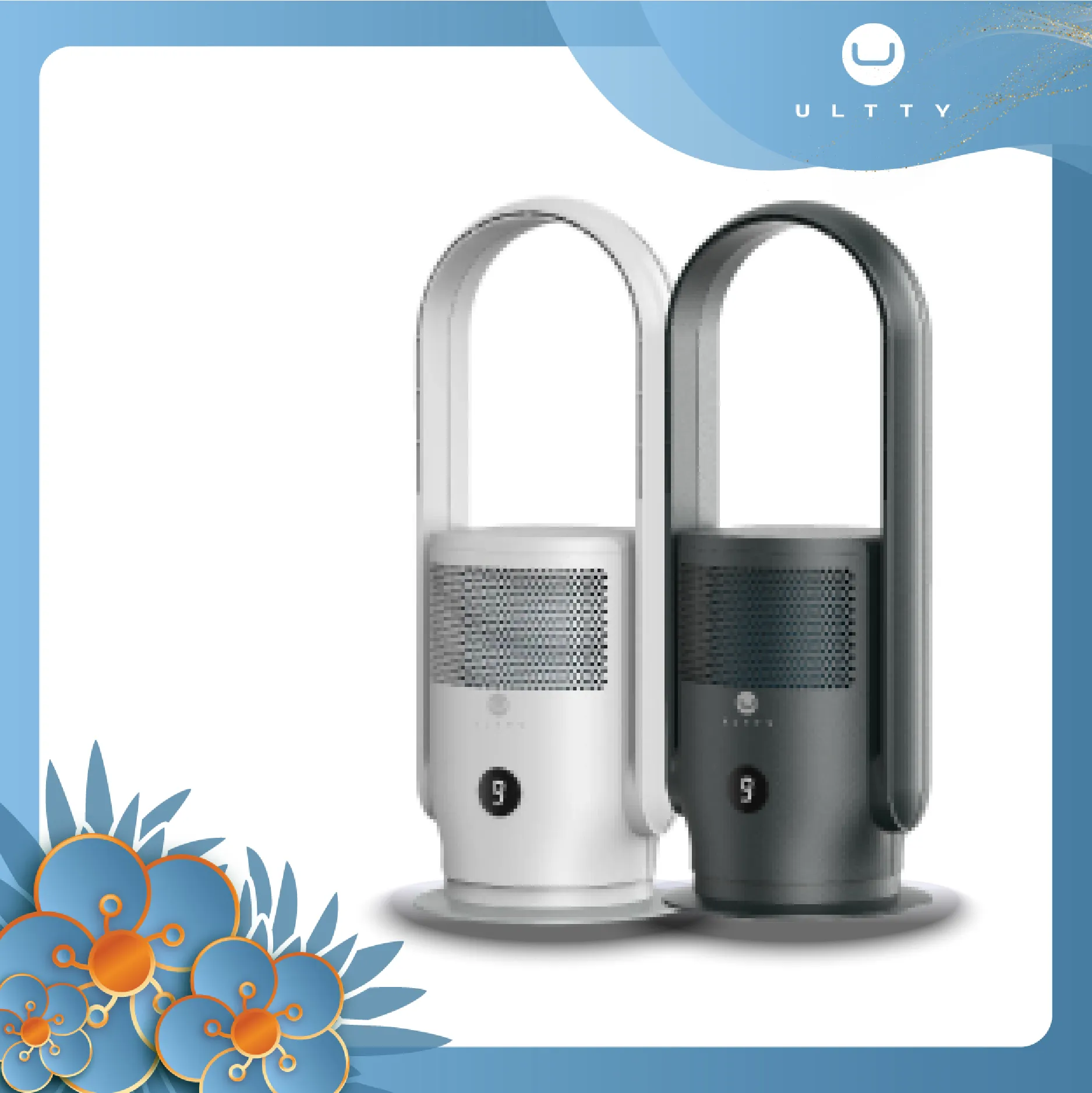 ULTTY Ventilateur tour sans lame et purificateur d'air en un, ventilateur sans lame oscillant à 90° avec télécommande, tactile, minuterie 8H, ventilateurs de sol pour chambre à coucher, pièce entière, bureau à domicile R021, noir/blanc