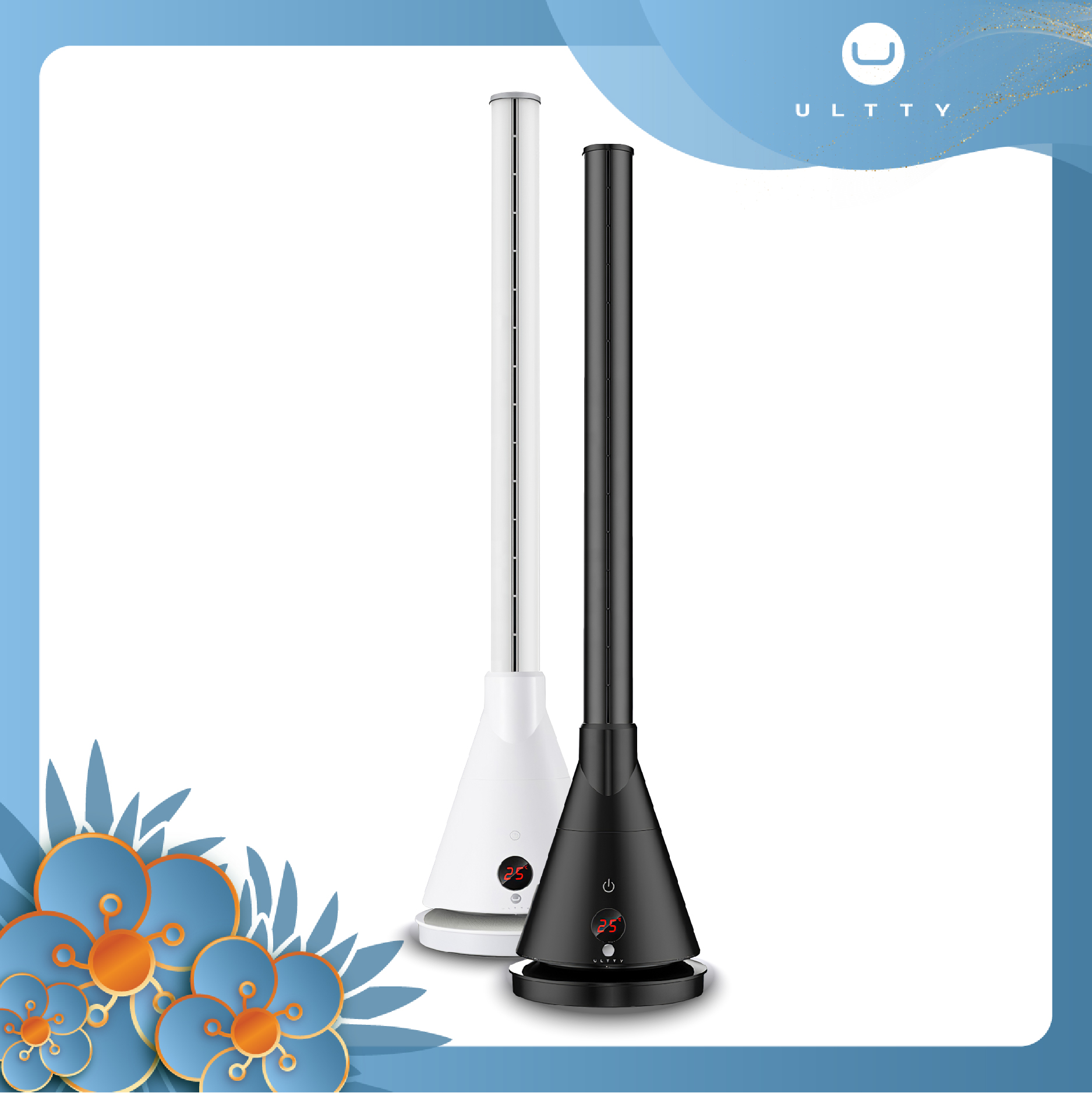 ULTTY Ventilateur tour 2 en 1 avec télécommande, ventilateur sans rotor avec fonction chaud et froid, radiateur soufflant, ventilateur de sol 100 cm avec oscillation, minuterie 80°, 8H, blanc